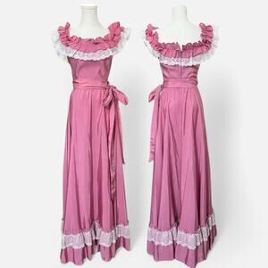 Rare Vintage 70s Fancy Frocks Pink & White Lace Cottagecore Maxi Dress XS